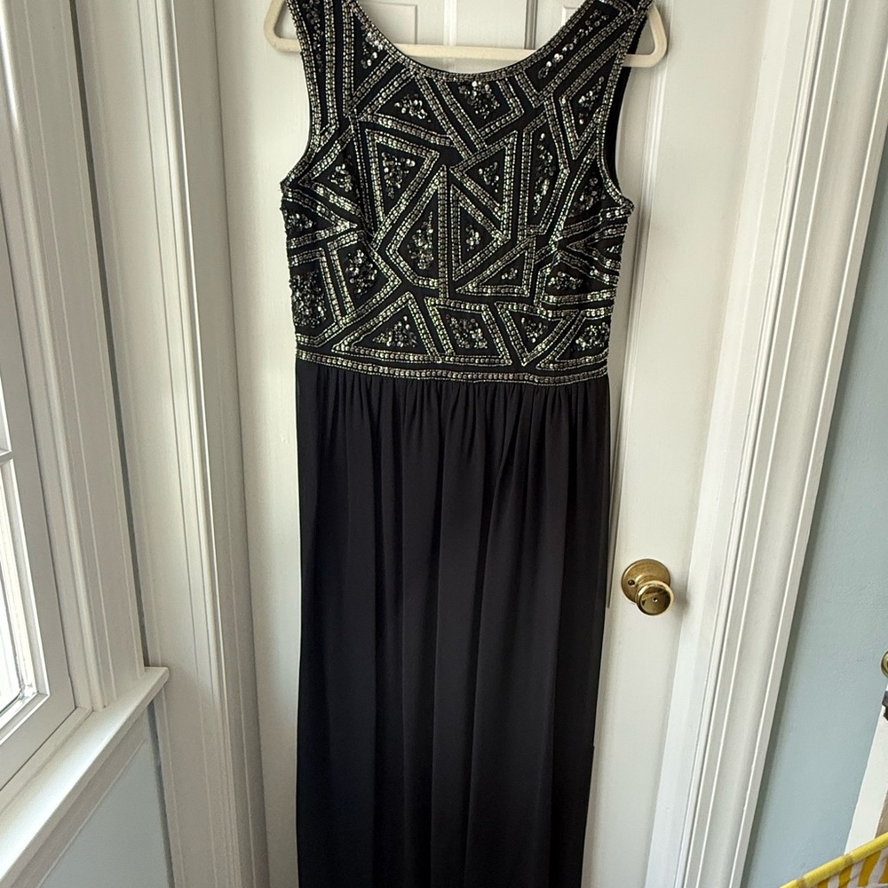 Adrianna Papell Black and Silver Beaded Maxi Dress